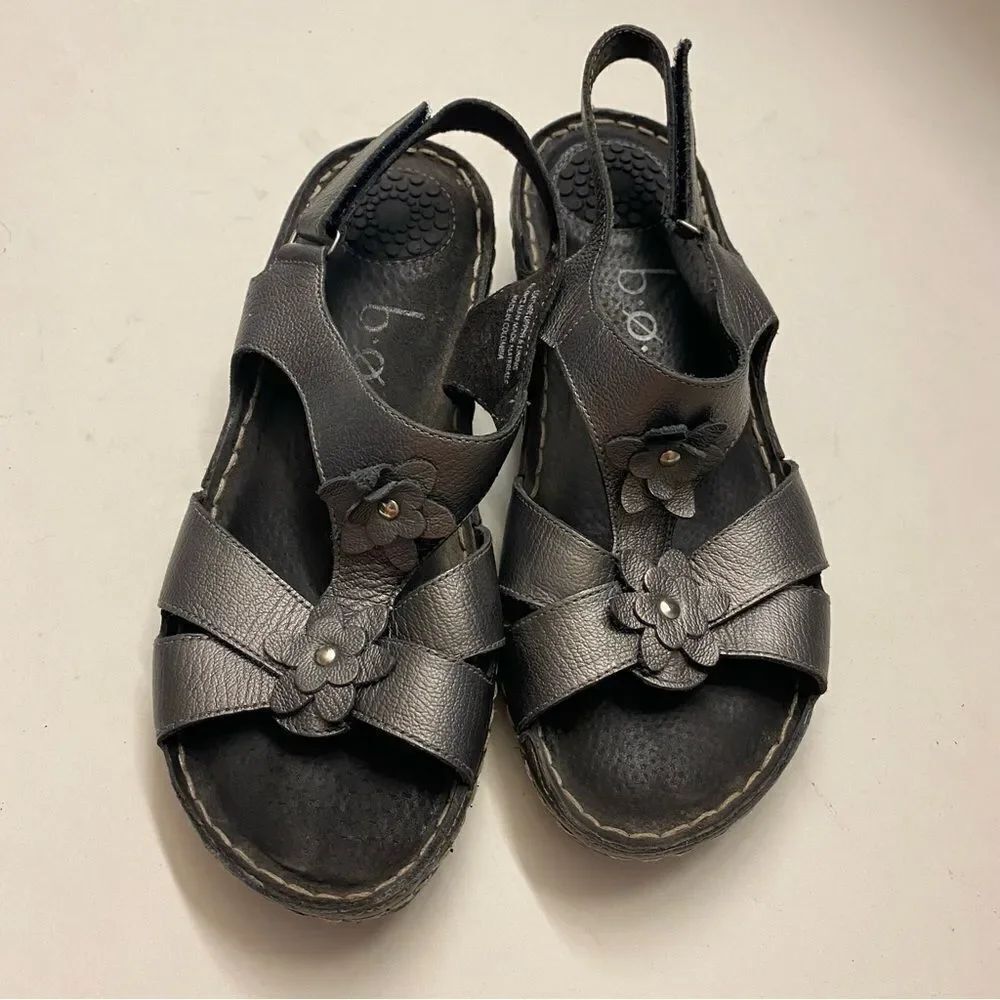 BOC Born Concept Metallic Pewter gray silver Leather Flower comfort Sandals 7